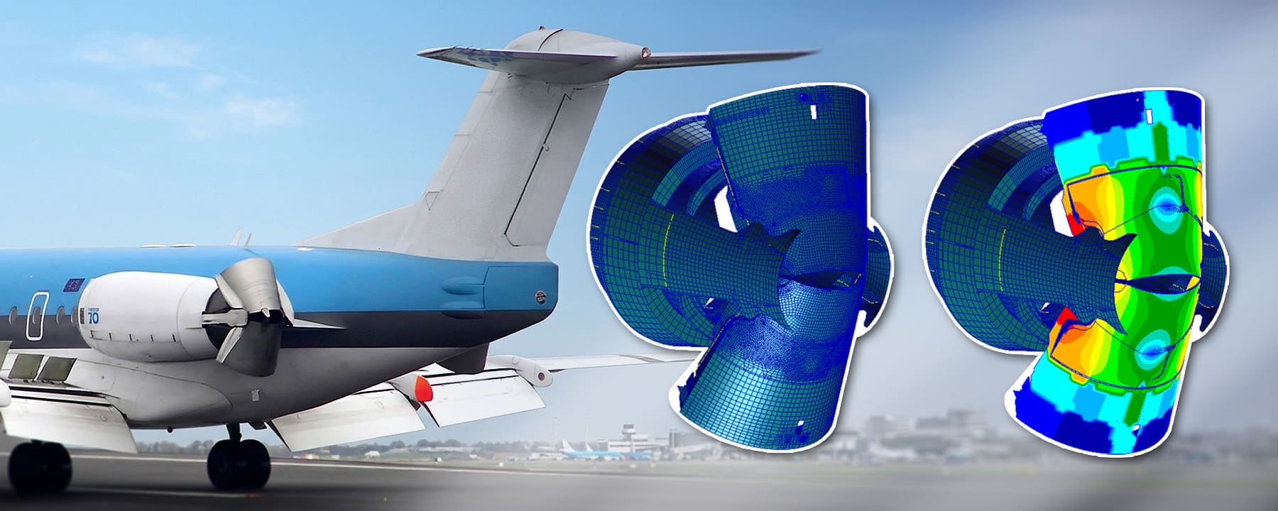FEA models of thrust reverser assembly overlaid on aircraft image to demonstrate the application of finite element analysis in stress analysis and damage tolerance assessments